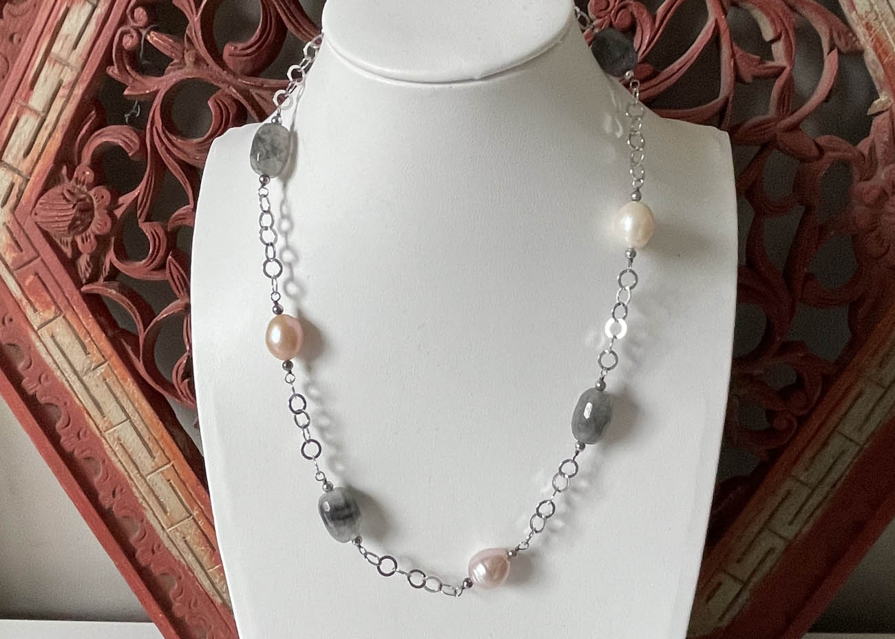 elegant z.kl. schakelketting zacht roze grijze parewls1