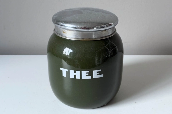 Donkergroene Emaille Bus " Thee" 