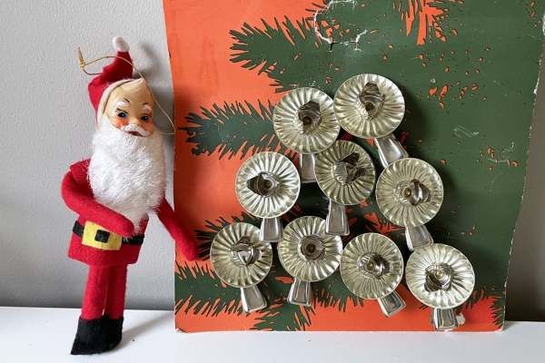 Vintage Kerstmannetje (japan) en Kaart met Kaarsenhoudertjes